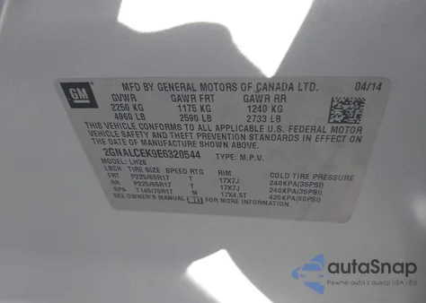 2014 Chevrolet Equinox 2Lt from USA, damaged, VIN 2GNALCEK9E6320544